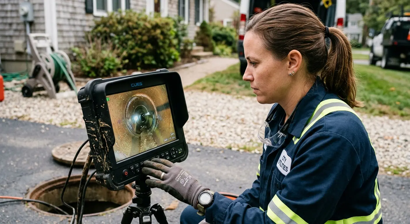 Technician reviewing sewer camera inspection footage in Dent