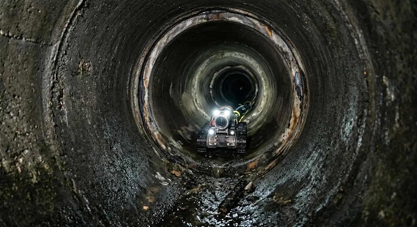 Robotic sewer camera inspecting pipe interior for Drain Snake Service in Dent