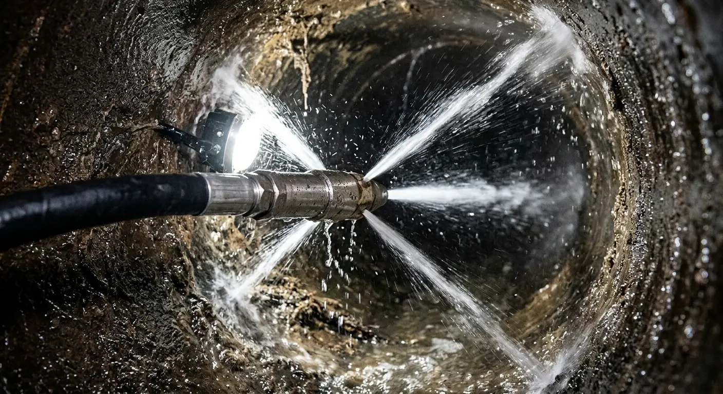 High-pressure hydro jetting nozzle cleaning sewer pipe for Trenchless Sewer Repair in Dent
