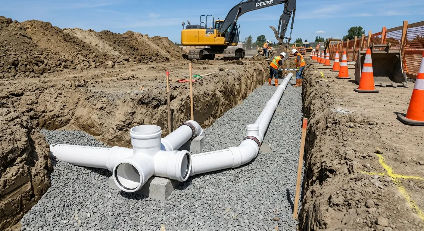 New PVC sewer pipe installation in open trench for Sewer Backup in Dent