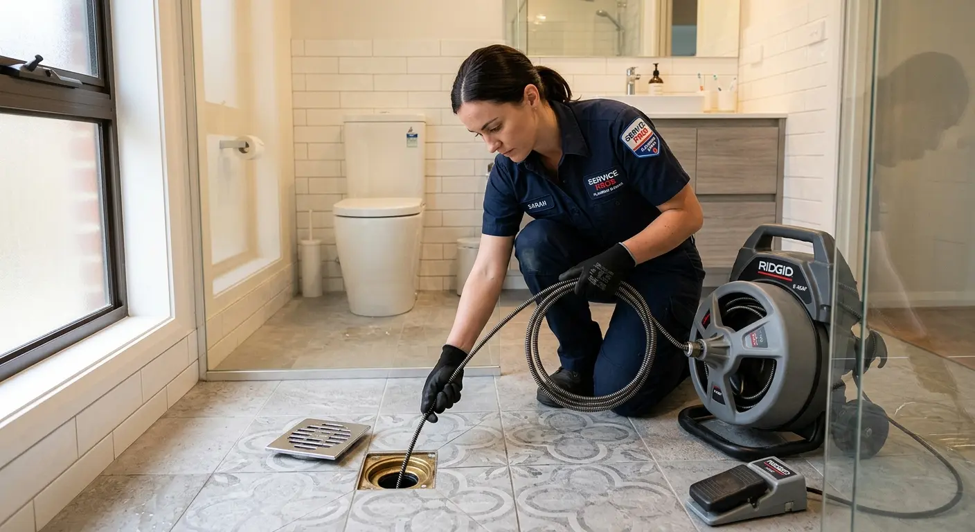 Technician clearing a bathroom floor drain for Sewer Line Replacement in Dent